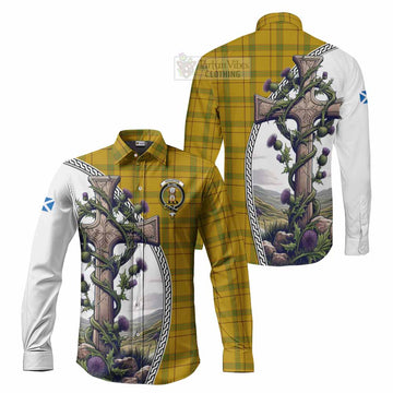 Houston Tartan Long Sleeve Button Shirt with Family Crest and St. Andrew's Cross Accented by Thistle Vines