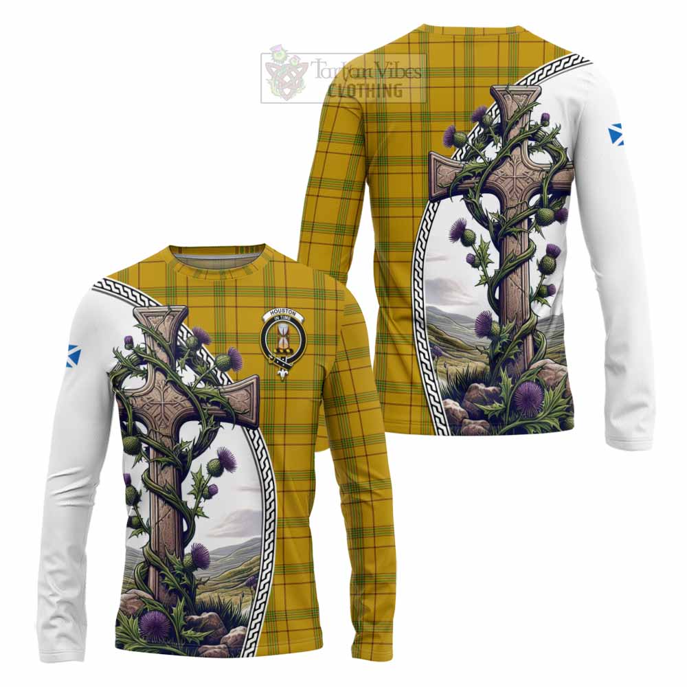 Tartan Vibes Clothing Houston Tartan Long Sleeve T-Shirt with Family Crest and St. Andrew's Cross Accented by Thistle Vines