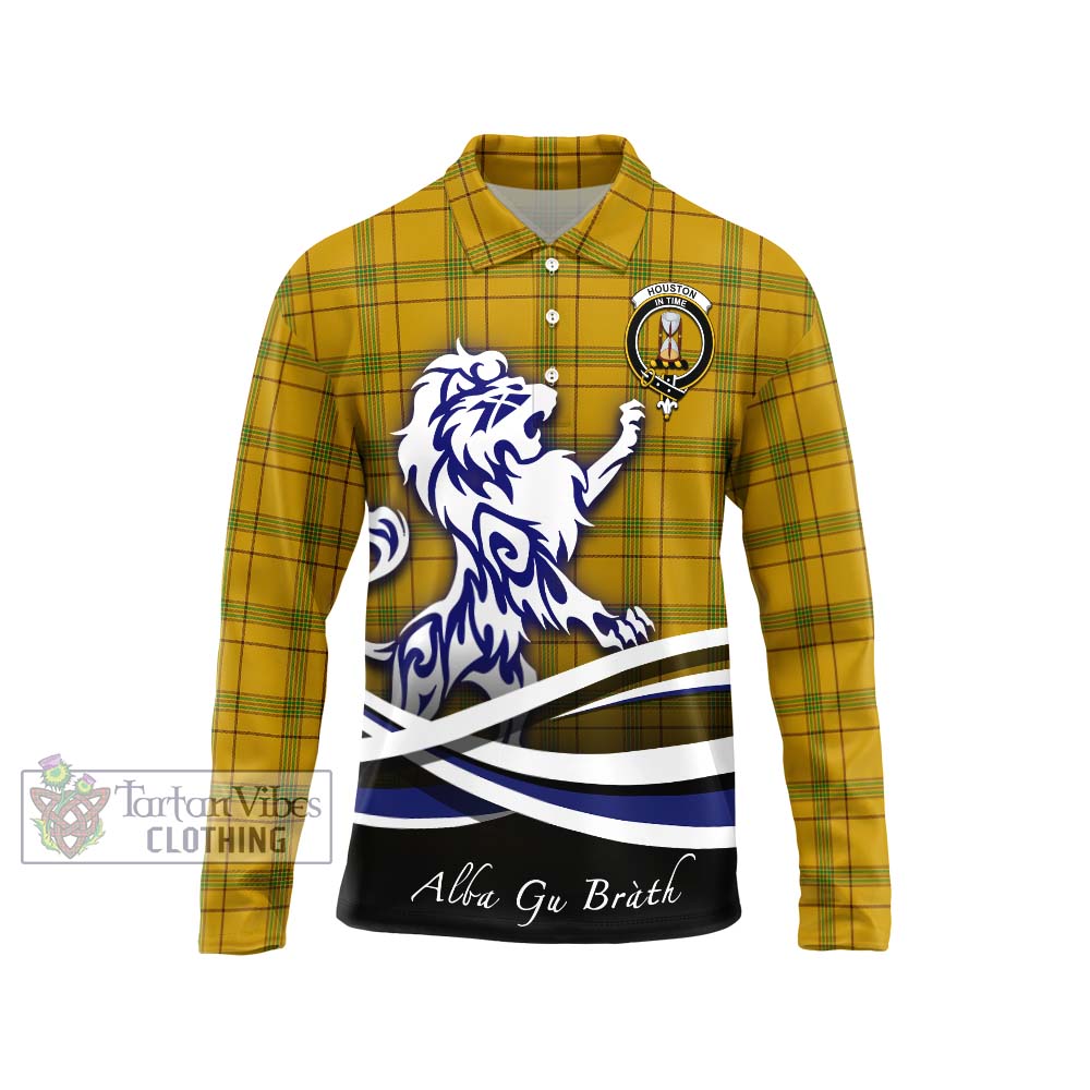 Houston Tartan Long Sleeve Polo Shirt with Alba Gu Brath Regal Lion Emblem Unisex - Tartanvibesclothing Shop