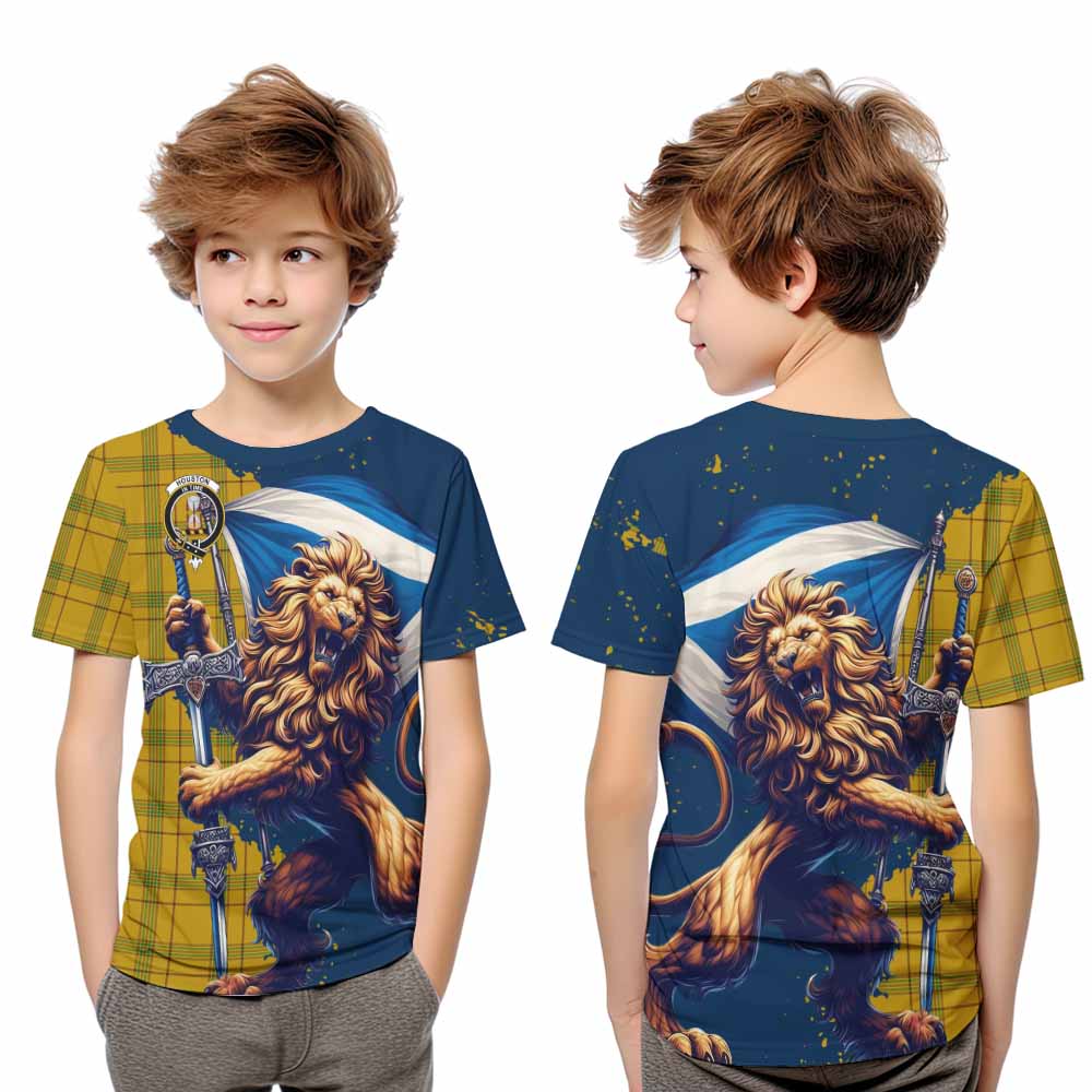 Tartan Vibes Clothing Houston Tartan Family Crest Kid T-Shirt with Scottish Majestic Lion