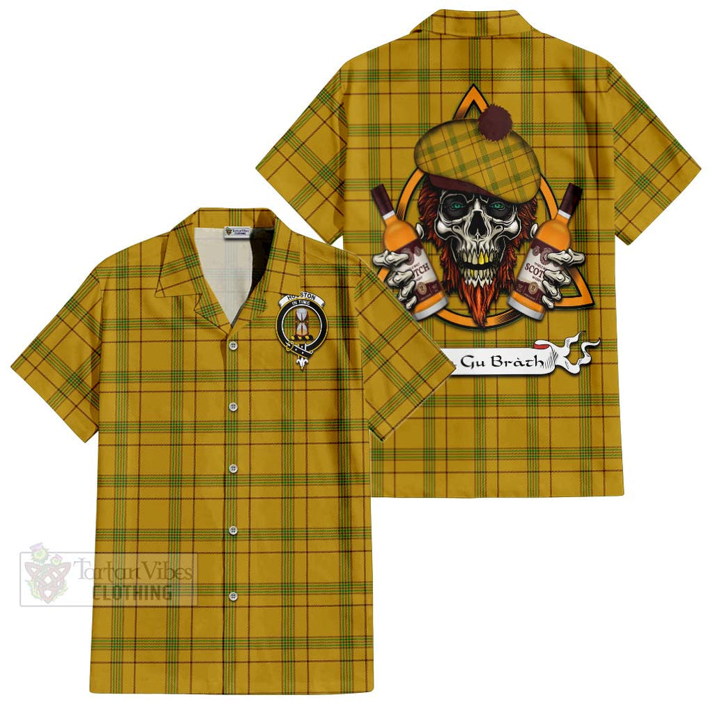 Tartan Vibes Clothing Houston Tartan Short Sleeve Button Shirt with Family Crest and Bearded Skull Holding Bottles of Whiskey