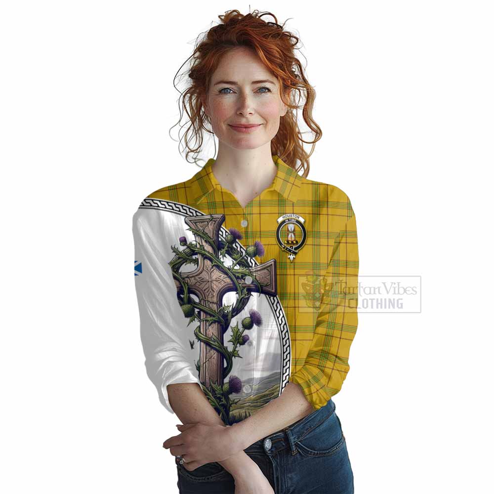 Tartan Vibes Clothing Houston Tartan Women's Casual Shirt with Family Crest and St. Andrew's Cross Accented by Thistle Vines