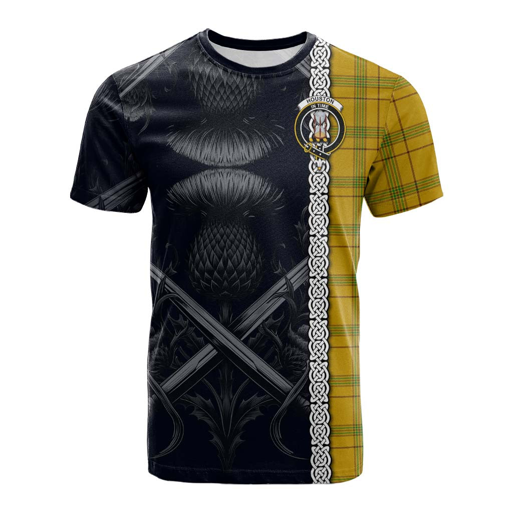 Tartan Vibes Clothing Houston Tartan Cotton T-shirt with Family Crest Cross Sword Thistle Celtic Vibes