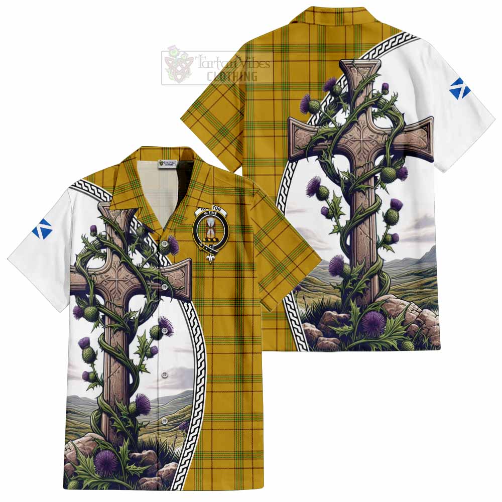 Tartan Vibes Clothing Houston Tartan Short Sleeve Button Shirt with Family Crest and St. Andrew's Cross Accented by Thistle Vines