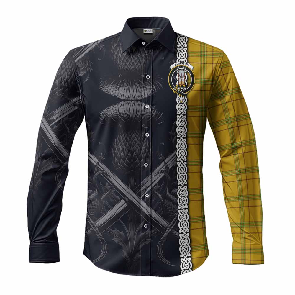 Tartan Vibes Clothing Houston Tartan Long Sleeve Button Shirt with Family Crest Cross Sword Thistle Celtic Vibes