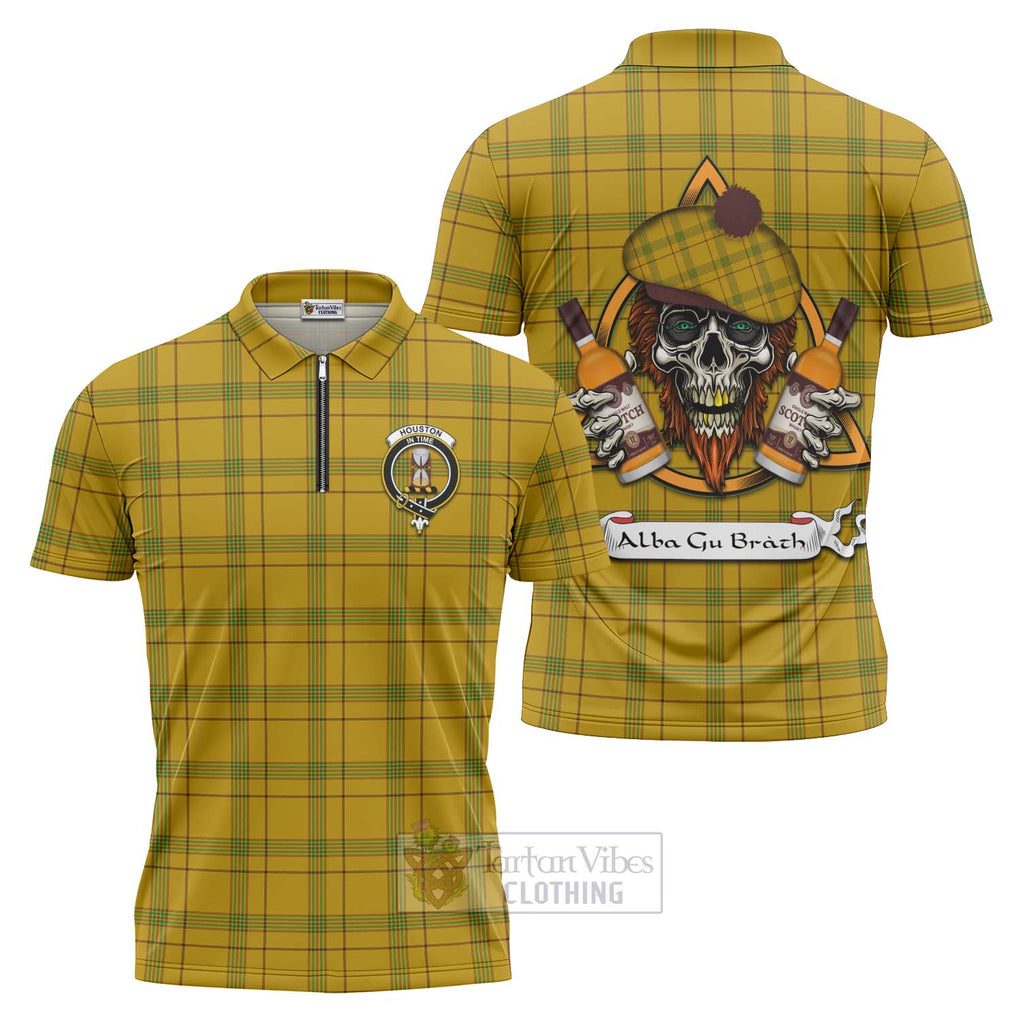 Tartan Vibes Clothing Houston Tartan Zipper Polo Shirt with Family Crest and Bearded Skull Holding Bottles of Whiskey