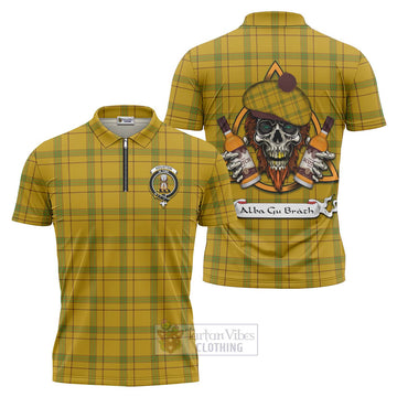 Houston Tartan Zipper Polo Shirt with Family Crest and Bearded Skull Holding Bottles of Whiskey