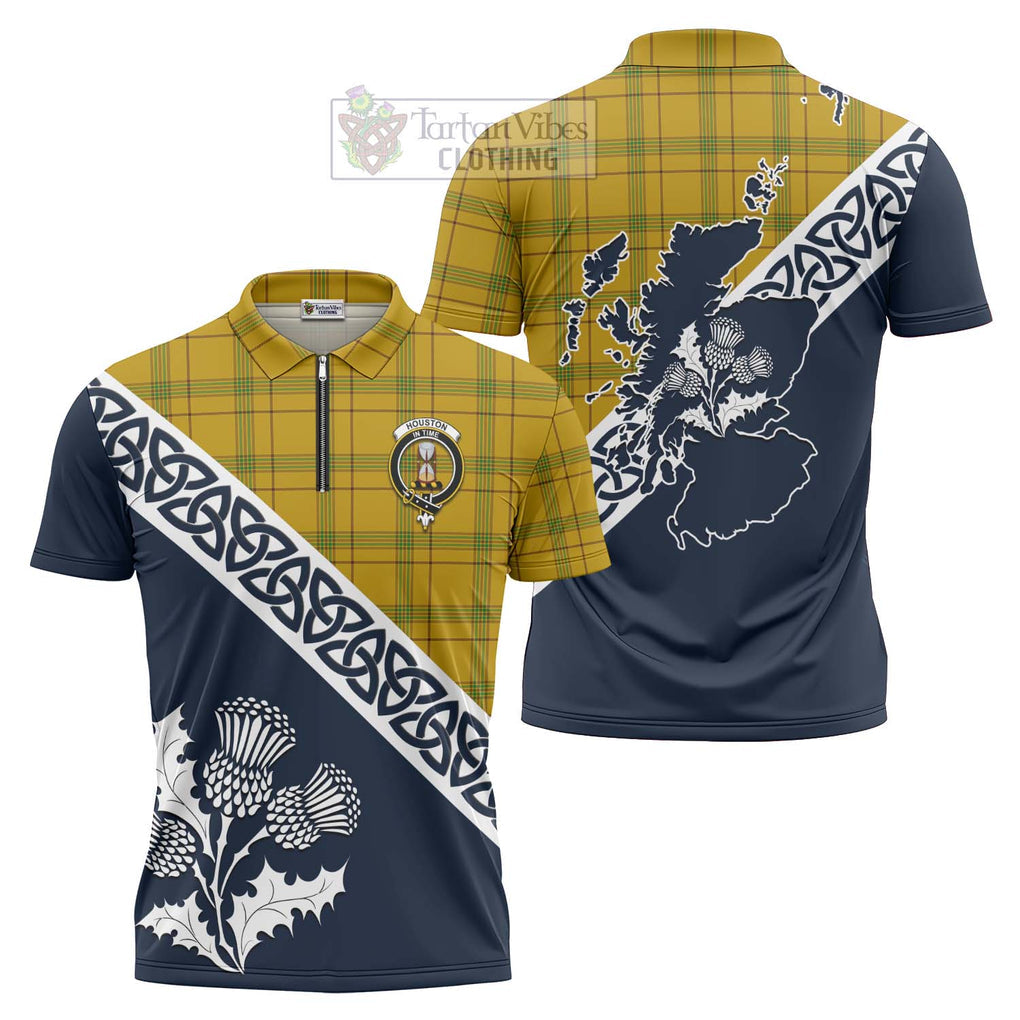 Tartan Vibes Clothing Houston Tartan Zipper Polo Shirt Featuring Thistle and Scotland Map