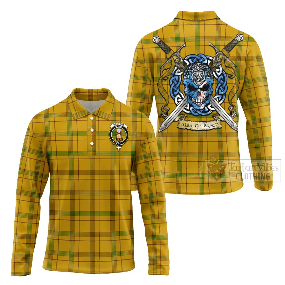 Tartan Vibes Clothing Houston Tartan Long Sleeve Polo Shirt with Family Crest Celtic Skull Style