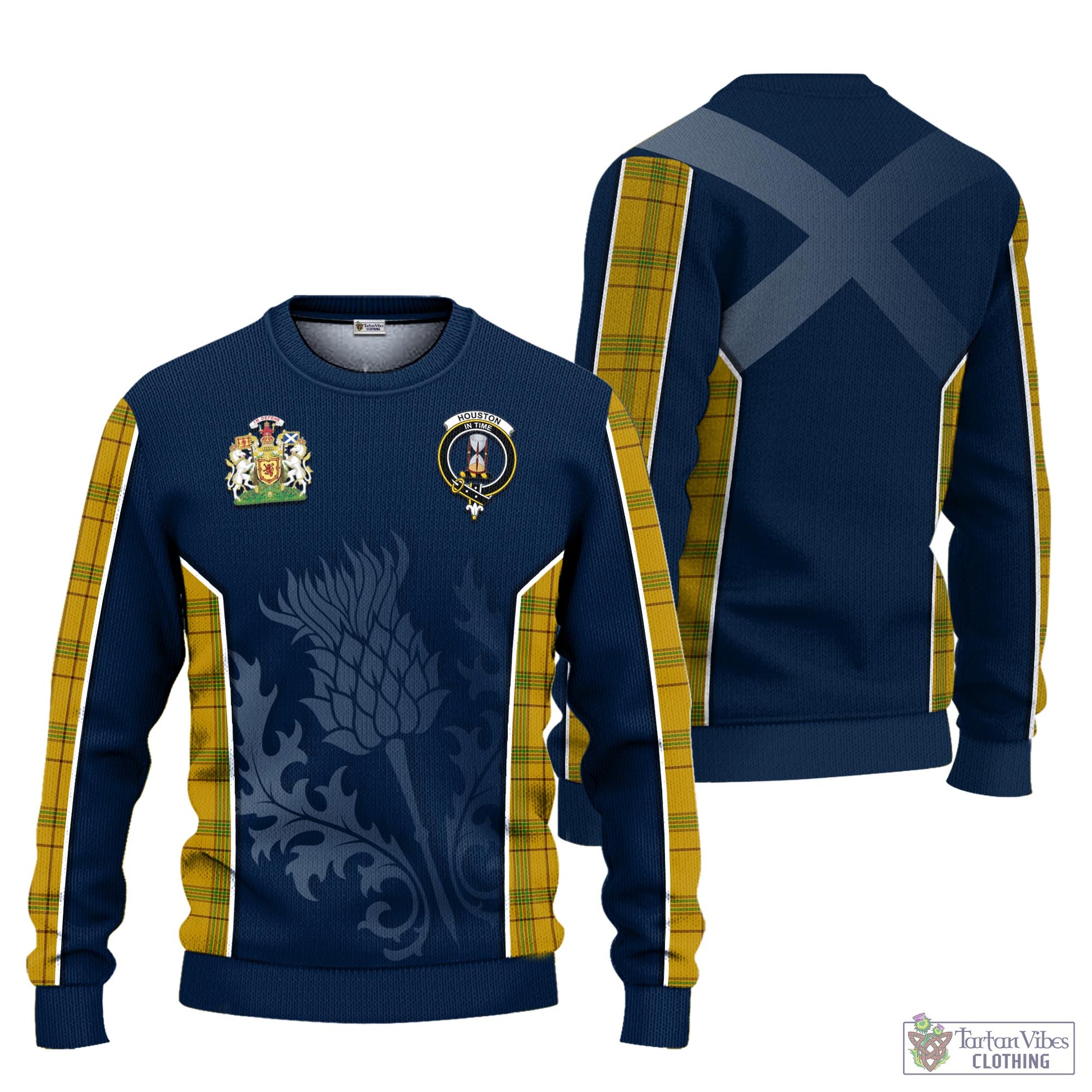 Tartan Vibes Clothing Houston Tartan Knitted Sweatshirt with Family Crest and Scottish Thistle Vibes Sport Style