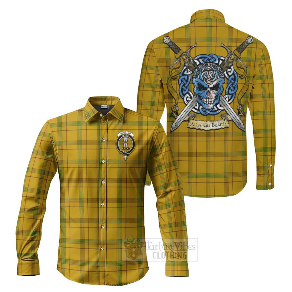 Tartan Vibes Clothing Houston Tartan Long Sleeve Button Shirt with Family Crest Celtic Skull Style