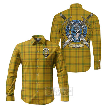 Houston Tartan Long Sleeve Button Shirt with Family Crest Celtic Skull Style