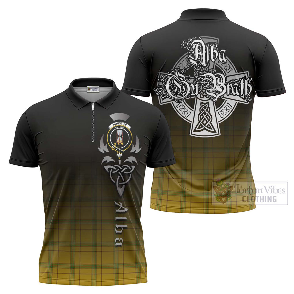 Tartan Vibes Clothing Houston Tartan Zipper Polo Shirt Featuring Alba Gu Brath Family Crest Celtic Inspired