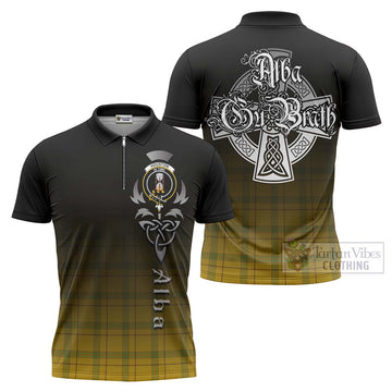 Houston Tartan Zipper Polo Shirt Featuring Alba Gu Brath Family Crest Celtic Inspired