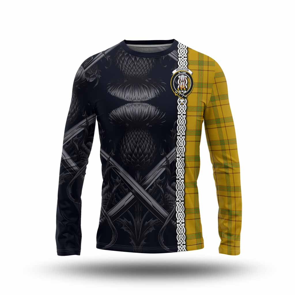 Tartan Vibes Clothing Houston Tartan Long Sleeve T-Shirt with Family Crest Cross Sword Thistle Celtic Vibes