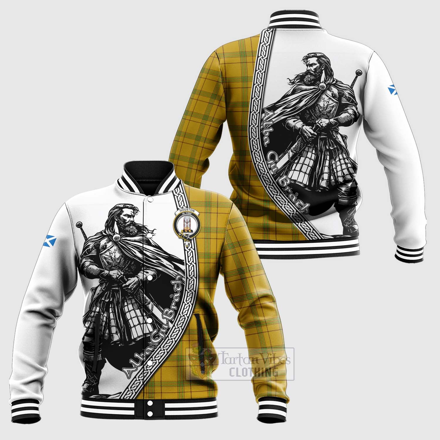 Tartan Vibes Clothing Houston Tartan Clan Crest Baseball Jacket with Highlander Warrior Celtic Style