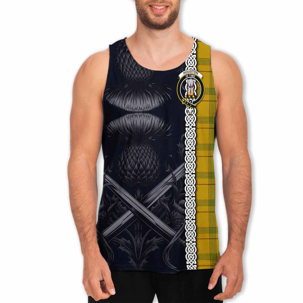 Tartan Vibes Clothing Houston Tartan Men's Tank Top with Family Crest Cross Sword Thistle Celtic Vibes