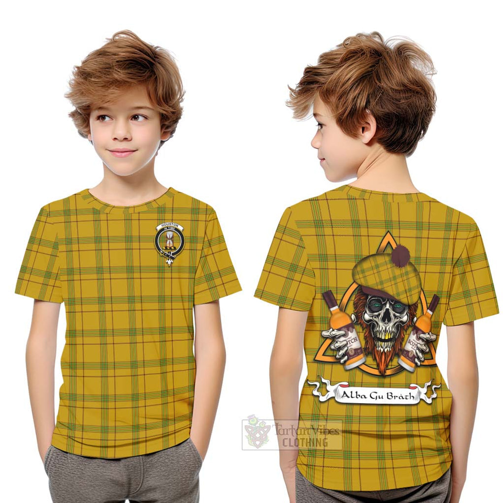 Tartan Vibes Clothing Houston Tartan Kid T-Shirt with Family Crest and Bearded Skull Holding Bottles of Whiskey