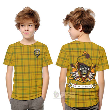 Houston Tartan Kid T-Shirt with Family Crest and Bearded Skull Holding Bottles of Whiskey