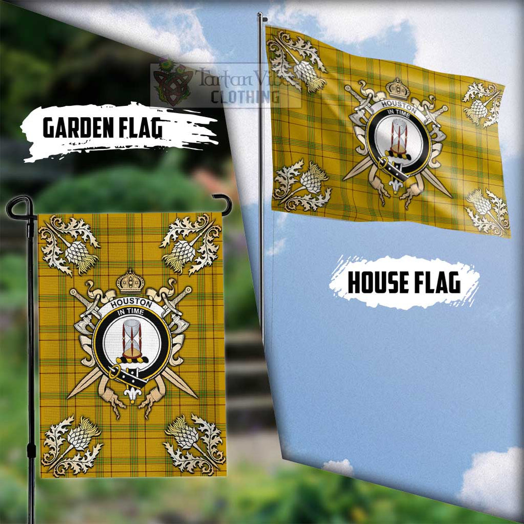 Tartan Vibes Clothing Houston Tartan Flag with Family Crest and Golden Thistle Crossed Sword Design