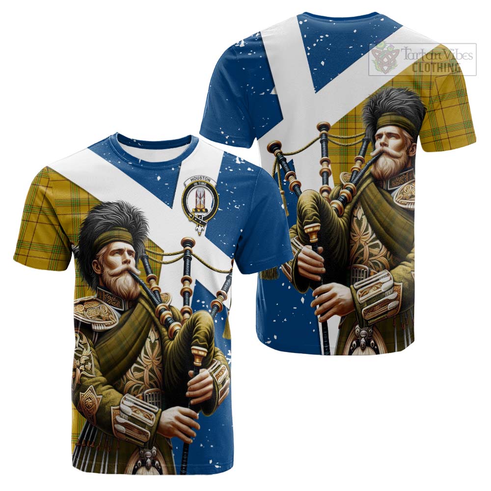 Tartan Vibes Clothing Houston Tartan Cotton T-shirt with Family Crest Scottish Bagpiper Vibes