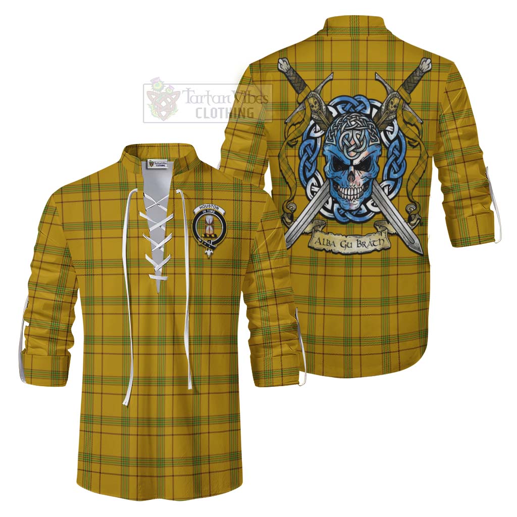 Tartan Vibes Clothing Houston Tartan Ghillie Kilt Shirt with Family Crest Celtic Skull Style