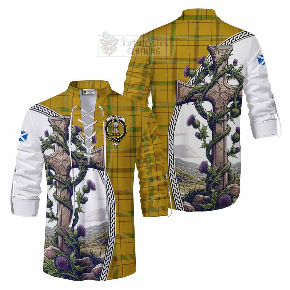 Tartan Vibes Clothing Houston Tartan Ghillie Kilt Shirt with Family Crest and St. Andrew's Cross Accented by Thistle Vines