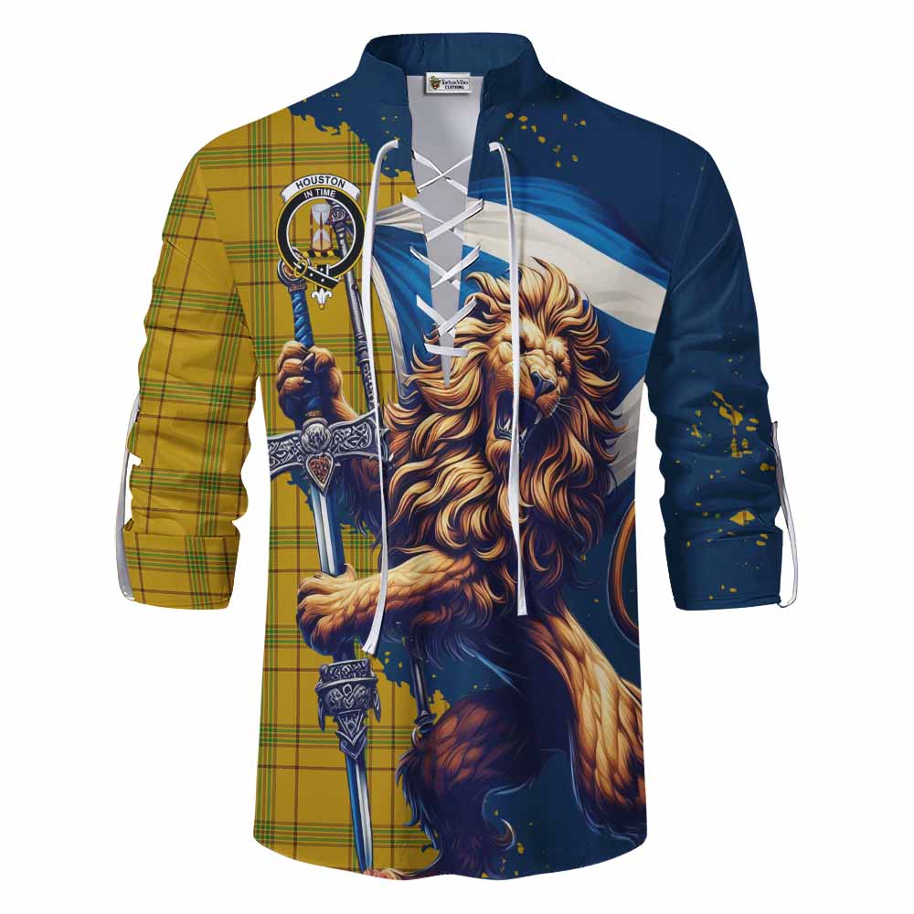 Tartan Vibes Clothing Houston Tartan Family Crest Ghillie Kilt Shirt with Scottish Majestic Lion