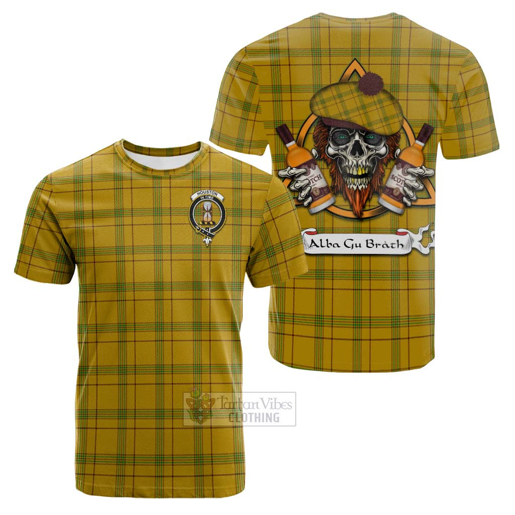 Tartan Vibes Clothing Houston Tartan Cotton T-shirt with Family Crest and Bearded Skull Holding Bottles of Whiskey