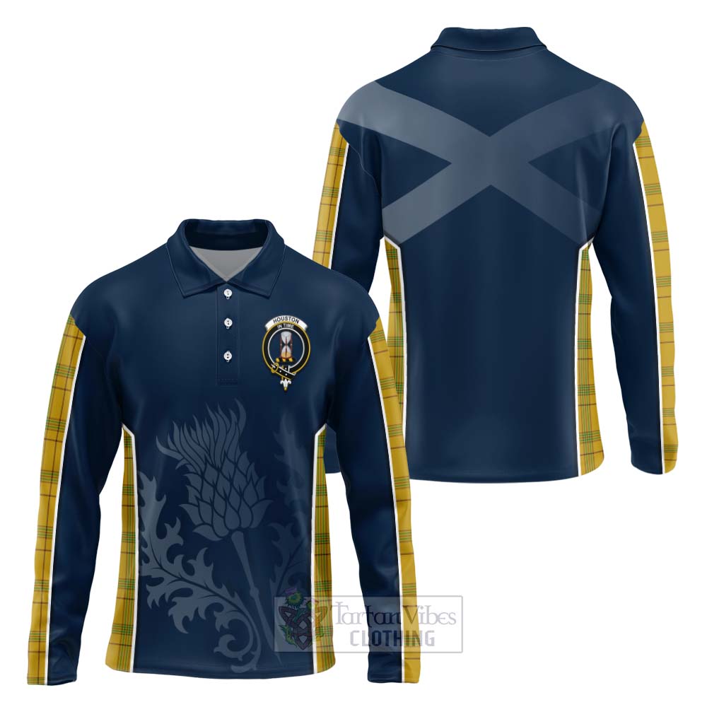 Tartan Vibes Clothing Houston Tartan Long Sleeve Polo Shirt with Family Crest and Scottish Thistle Vibes Sport Style