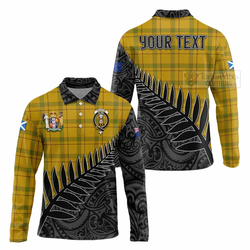 Tartan Vibes Clothing Houston Crest Tartan Long Sleeve Polo Shirt with New Zealand Silver Fern Half Style