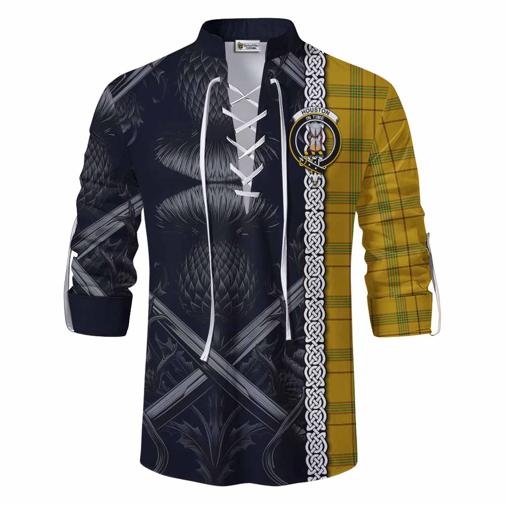 Tartan Vibes Clothing Houston Tartan Ghillie Kilt Shirt with Family Crest Cross Sword Thistle Celtic Vibes