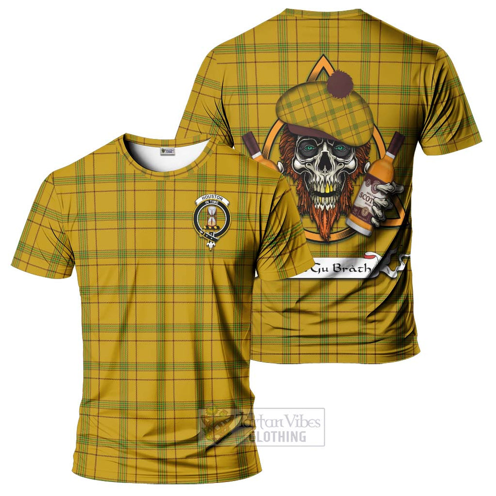 Tartan Vibes Clothing Houston Tartan T-Shirt with Family Crest and Bearded Skull Holding Bottles of Whiskey