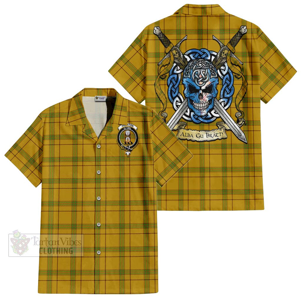 Tartan Vibes Clothing Houston Tartan Short Sleeve Button Shirt with Family Crest Celtic Skull Style