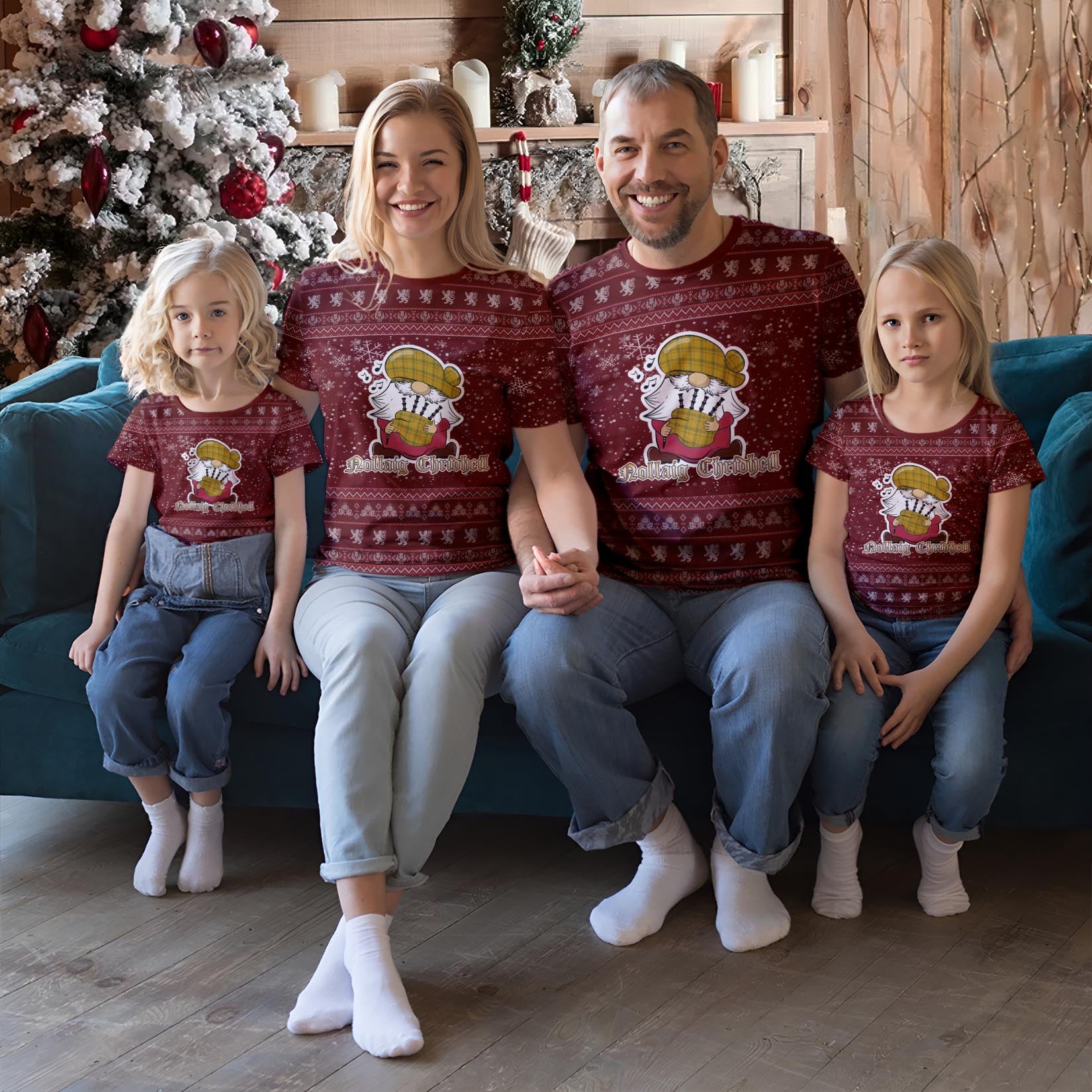 Houston Clan Christmas Family T-Shirt with Funny Gnome Playing Bagpipes Red - Tartanvibesclothing