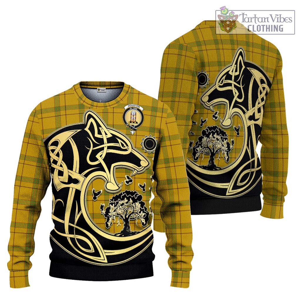 Houston Tartan Knitted Sweater with Family Crest Celtic Wolf Style Unisex - Tartan Vibes Clothing