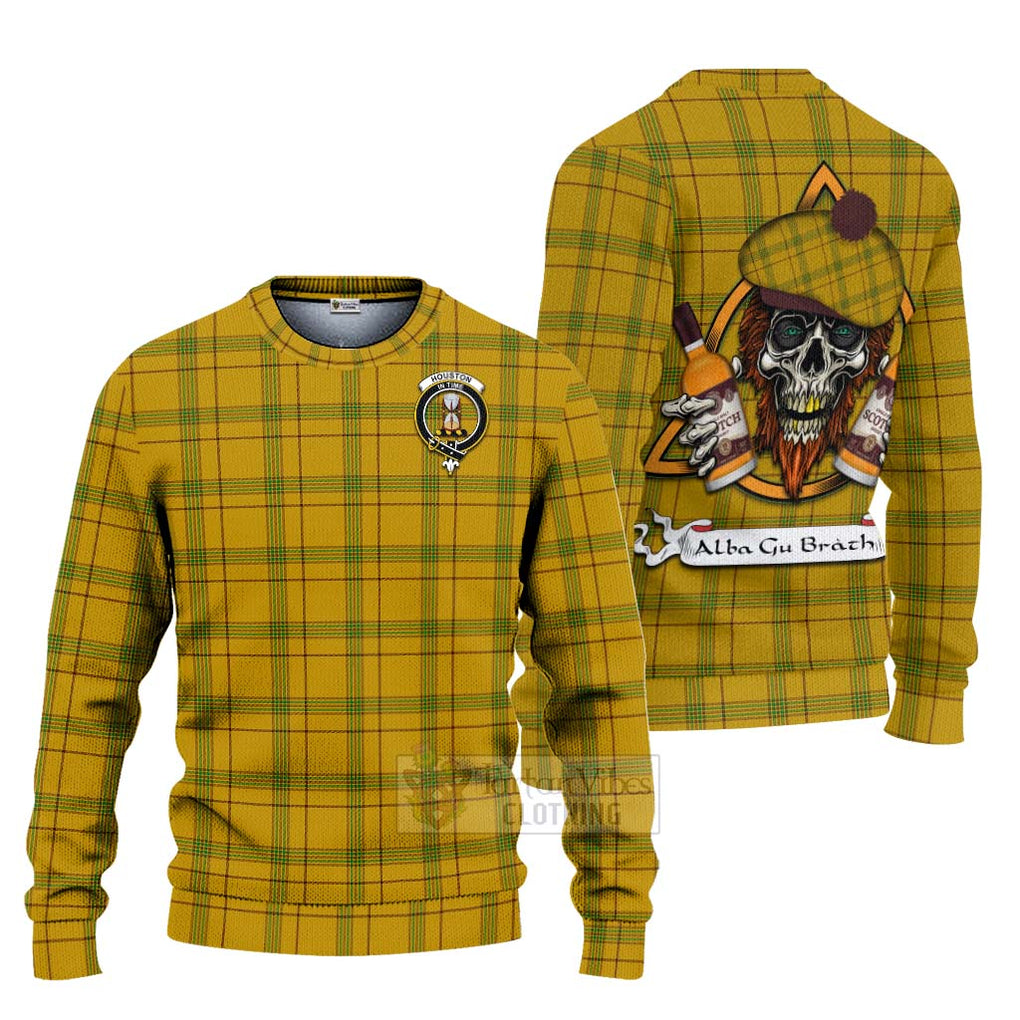 Tartan Vibes Clothing Houston Tartan Knitted Sweater with Family Crest and Bearded Skull Holding Bottles of Whiskey