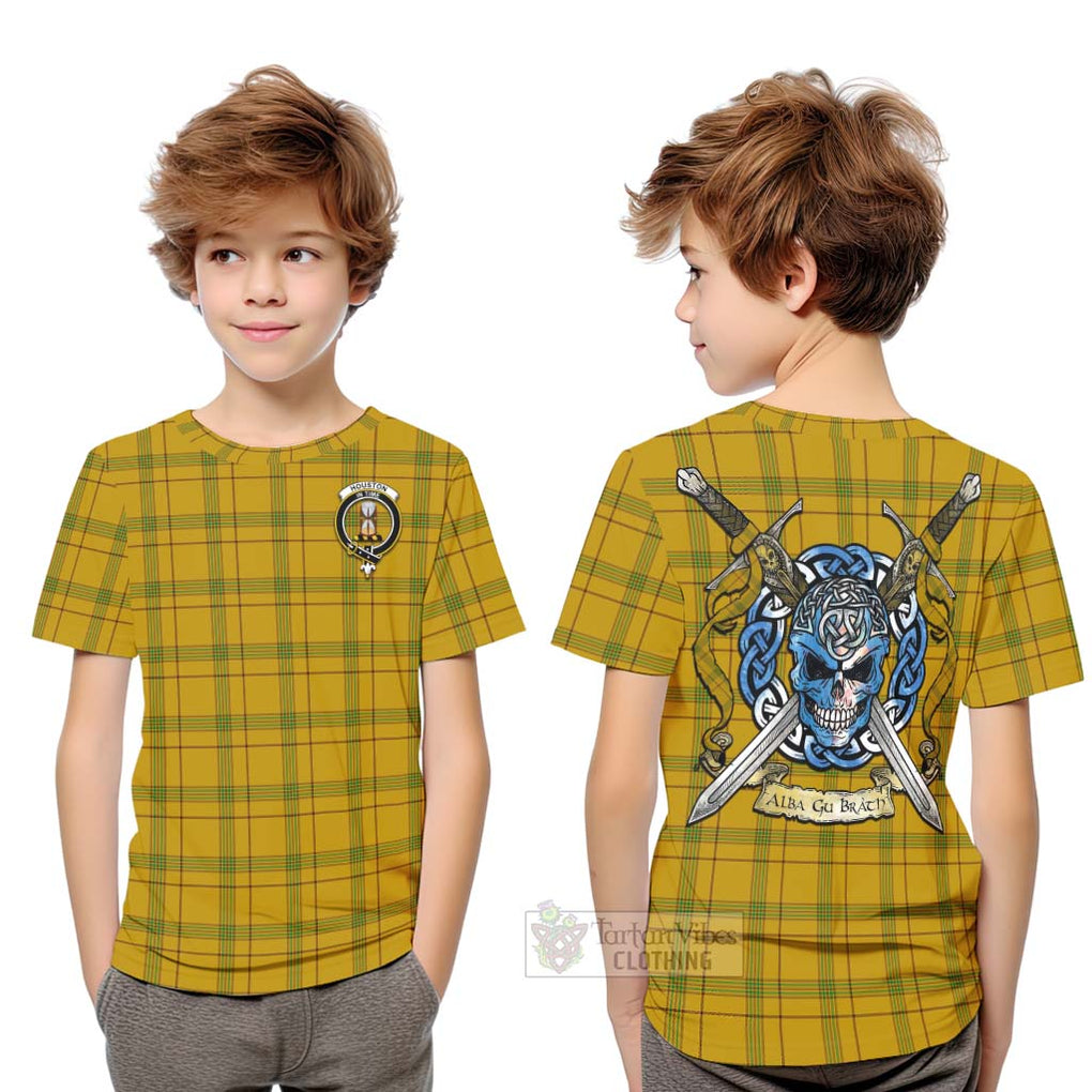 Tartan Vibes Clothing Houston Tartan Kid T-Shirt with Family Crest Celtic Skull Style