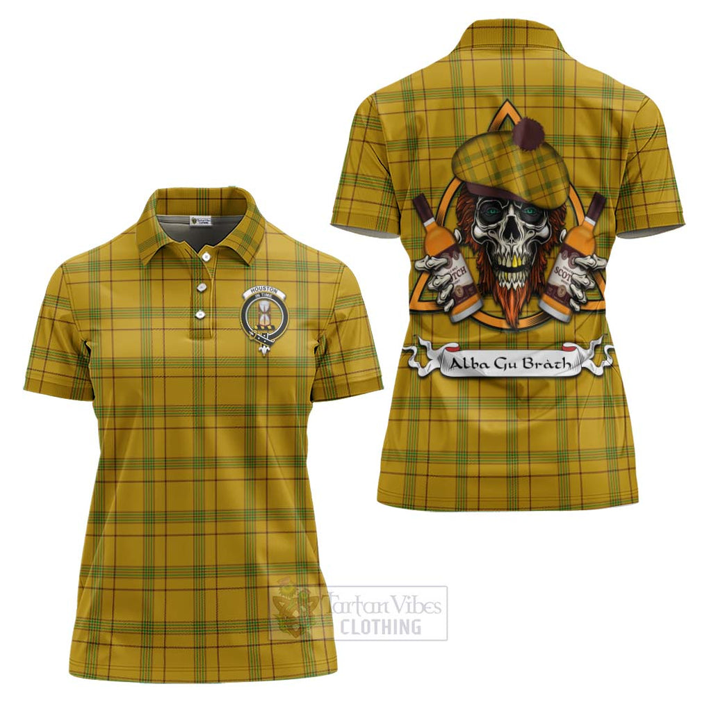 Tartan Vibes Clothing Houston Tartan Women's Polo Shirt with Family Crest and Bearded Skull Holding Bottles of Whiskey