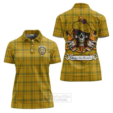 Houston Tartan Women's Polo Shirt with Family Crest and Bearded Skull Holding Bottles of Whiskey