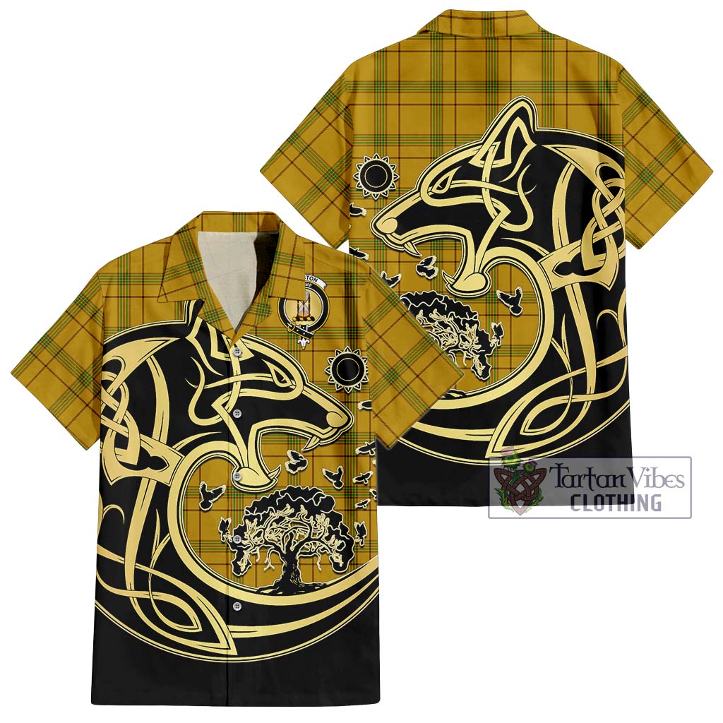 Tartan Vibes Clothing Houston Tartan Short Sleeve Button Shirt with Family Crest Celtic Wolf Style