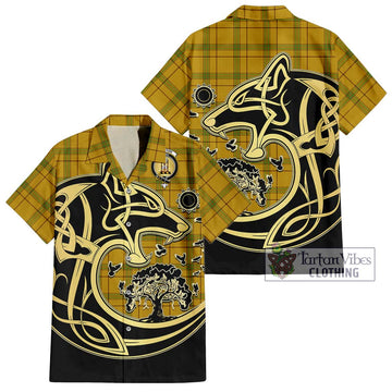 Houston Tartan Short Sleeve Button Shirt with Family Crest Celtic Wolf Style