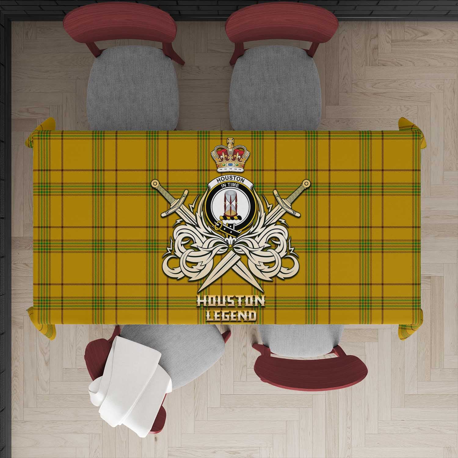 Tartan Vibes Clothing Houston Tartan Tablecloth with Clan Crest and the Golden Sword of Courageous Legacy