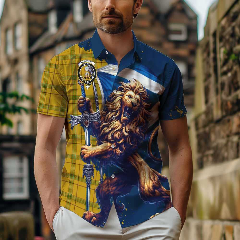 Tartan Vibes Clothing Houston Tartan Family Crest Short Sleeve Button Shirt with Scottish Majestic Lion