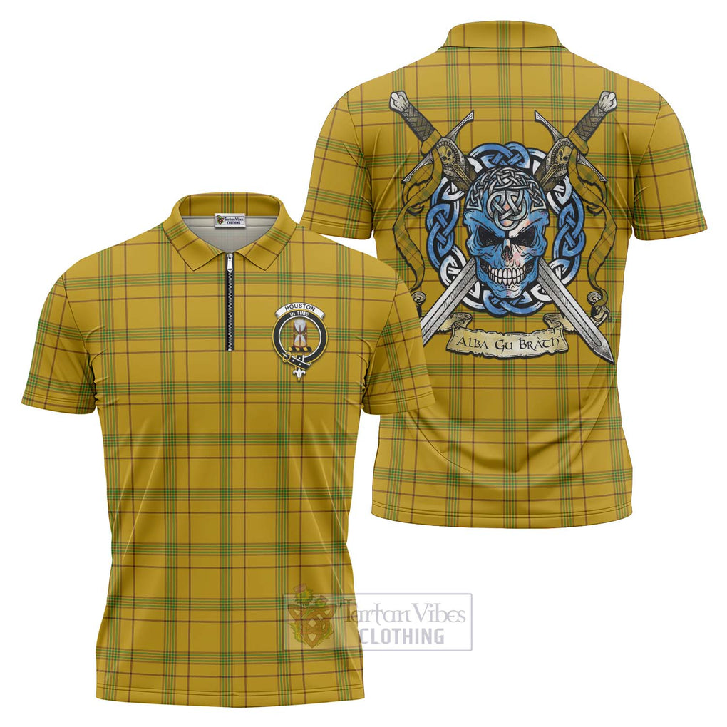 Tartan Vibes Clothing Houston Tartan Zipper Polo Shirt with Family Crest Celtic Skull Style