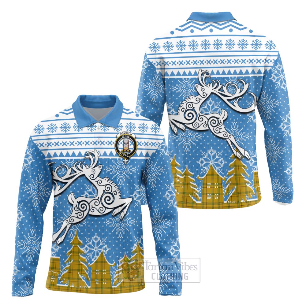 Tartan Vibes Clothing Houston Clan Christmas Long Sleeve Polo Shirt Celtic Reindeer Style