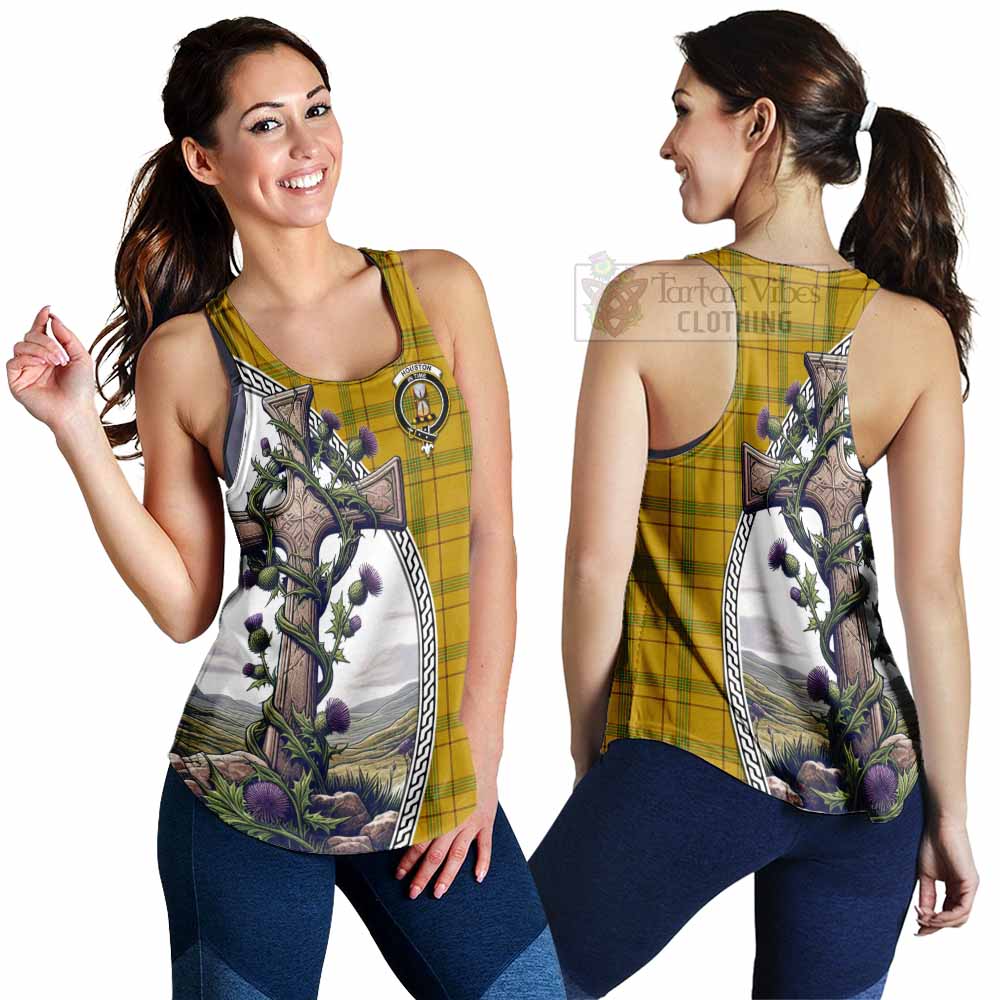 Tartan Vibes Clothing Houston Tartan Women's Racerback Tanks with Family Crest and St. Andrew's Cross Accented by Thistle Vines