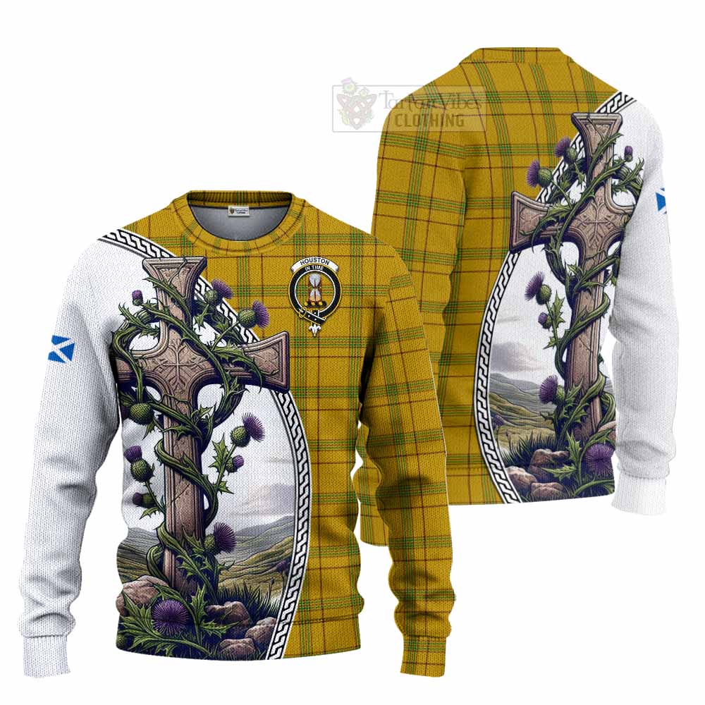 Tartan Vibes Clothing Houston Tartan Knitted Sweater with Family Crest and St. Andrew's Cross Accented by Thistle Vines