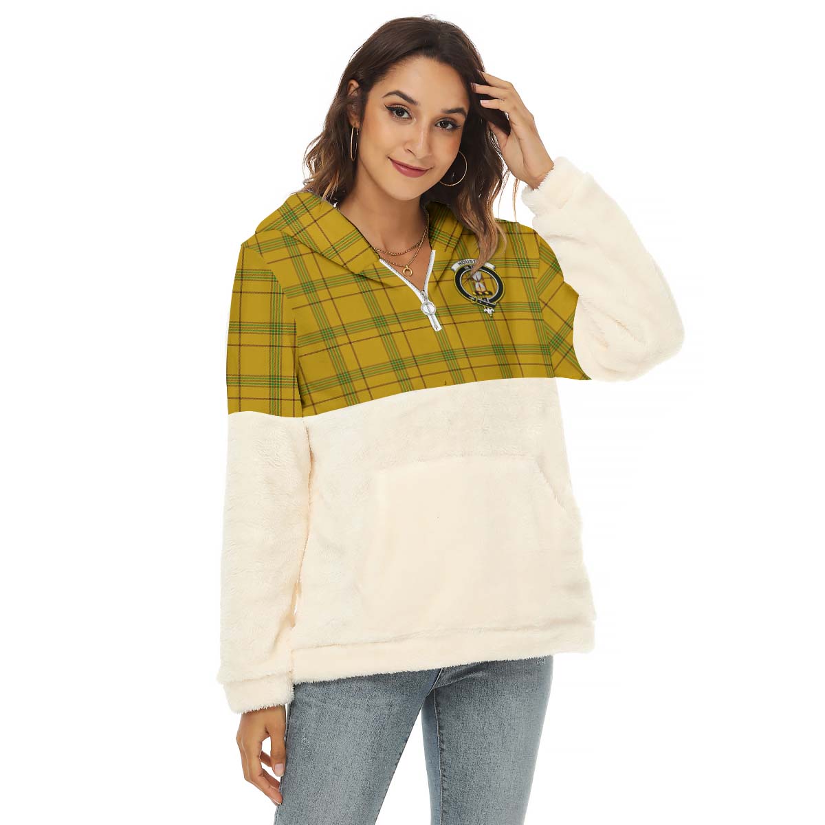 Houston Tartan Women's Borg Fleece Hoodie With Half Zip with Family Crest Female - Tartan Vibes Clothing