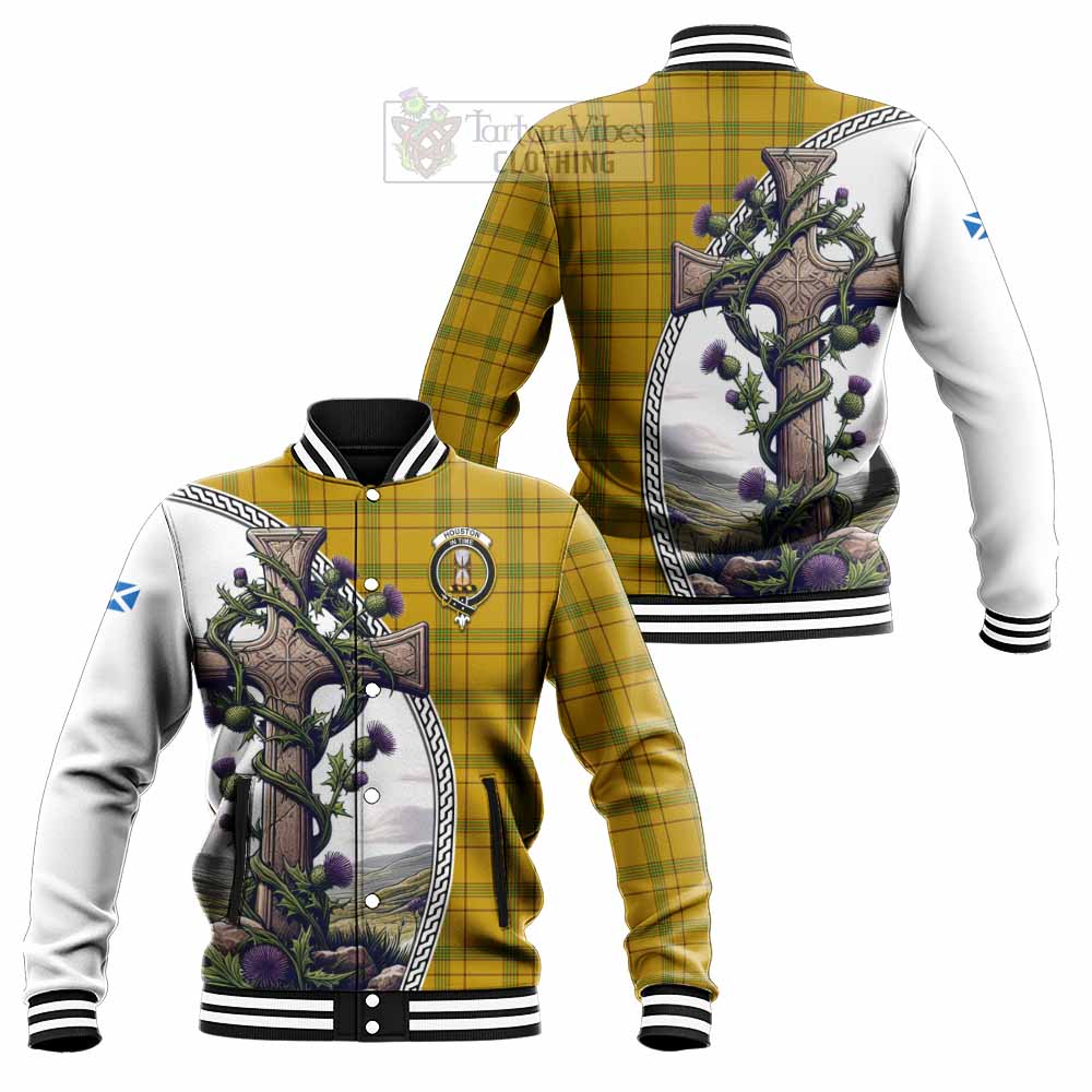 Tartan Vibes Clothing Houston Tartan Baseball Jacket with Family Crest and St. Andrew's Cross Accented by Thistle Vines